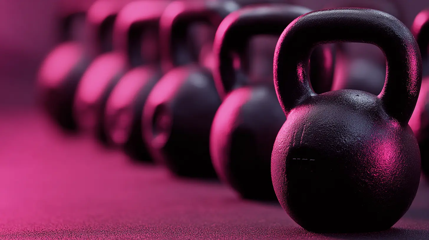 Black kettlebells lined up in a row on a gym floor